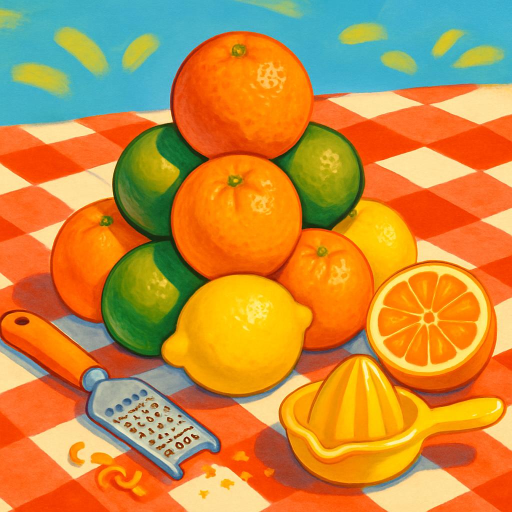 A still life of citric fruits, including oranges, lemons, and limes, arranged artistically and accompanied by a zester gra...